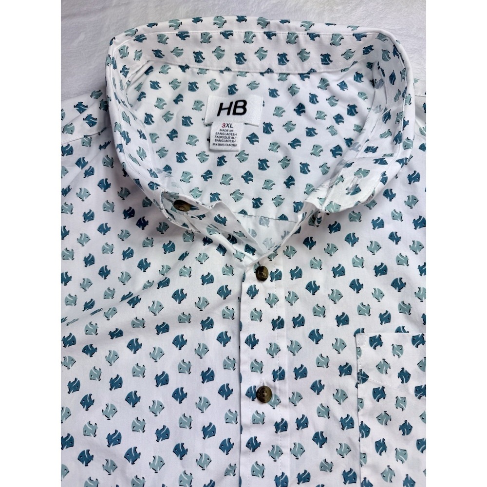 Men's HB Fish Shirt 3XL White Blue Button-Up Short Sleeve Beach Tropical Resort